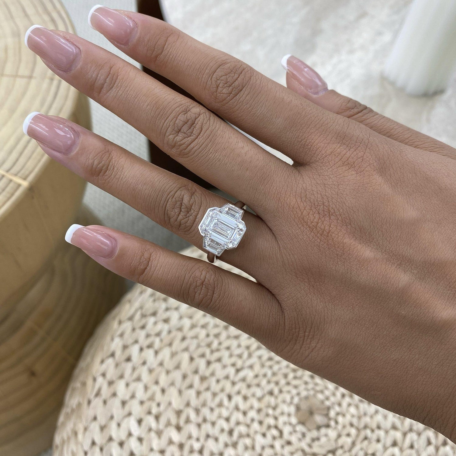 Claudia 6.3 Radiant Lab-Grown Diamond Three Stone,Bezel Engagement Ring