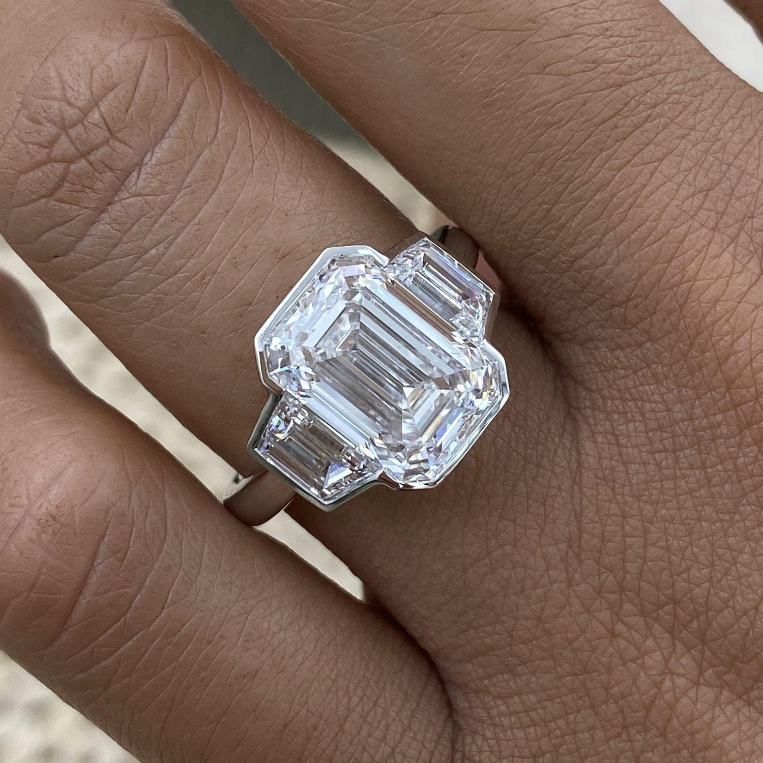 Claudia 6.3 Radiant Lab-Grown Diamond Three Stone,Bezel Engagement Ring