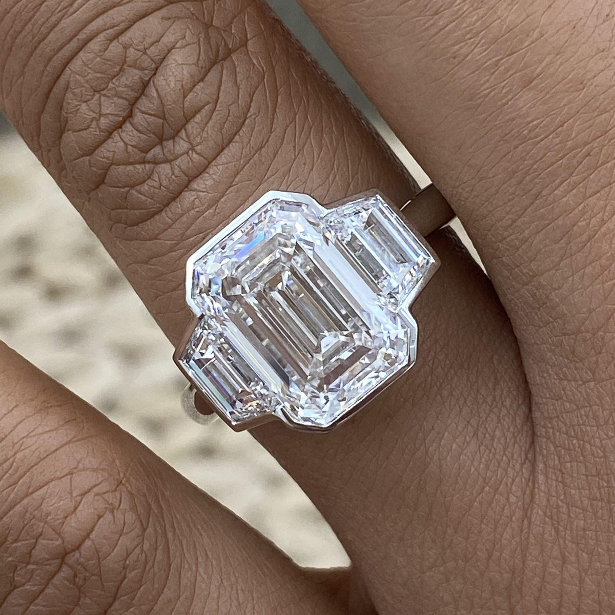 Claudia 6.3 Radiant Lab-Grown Diamond Three Stone,Bezel Engagement Ring