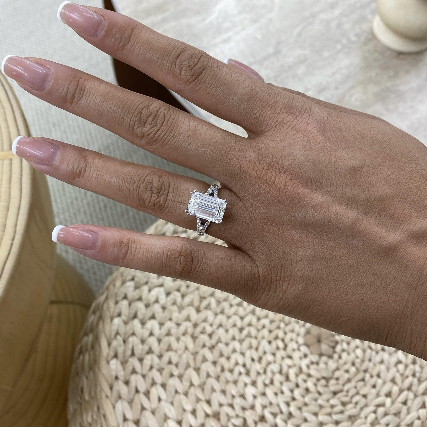 Camille 5.3 Emerald Lab-Grown Diamond Side Stone, Split Shank Engagement Ring