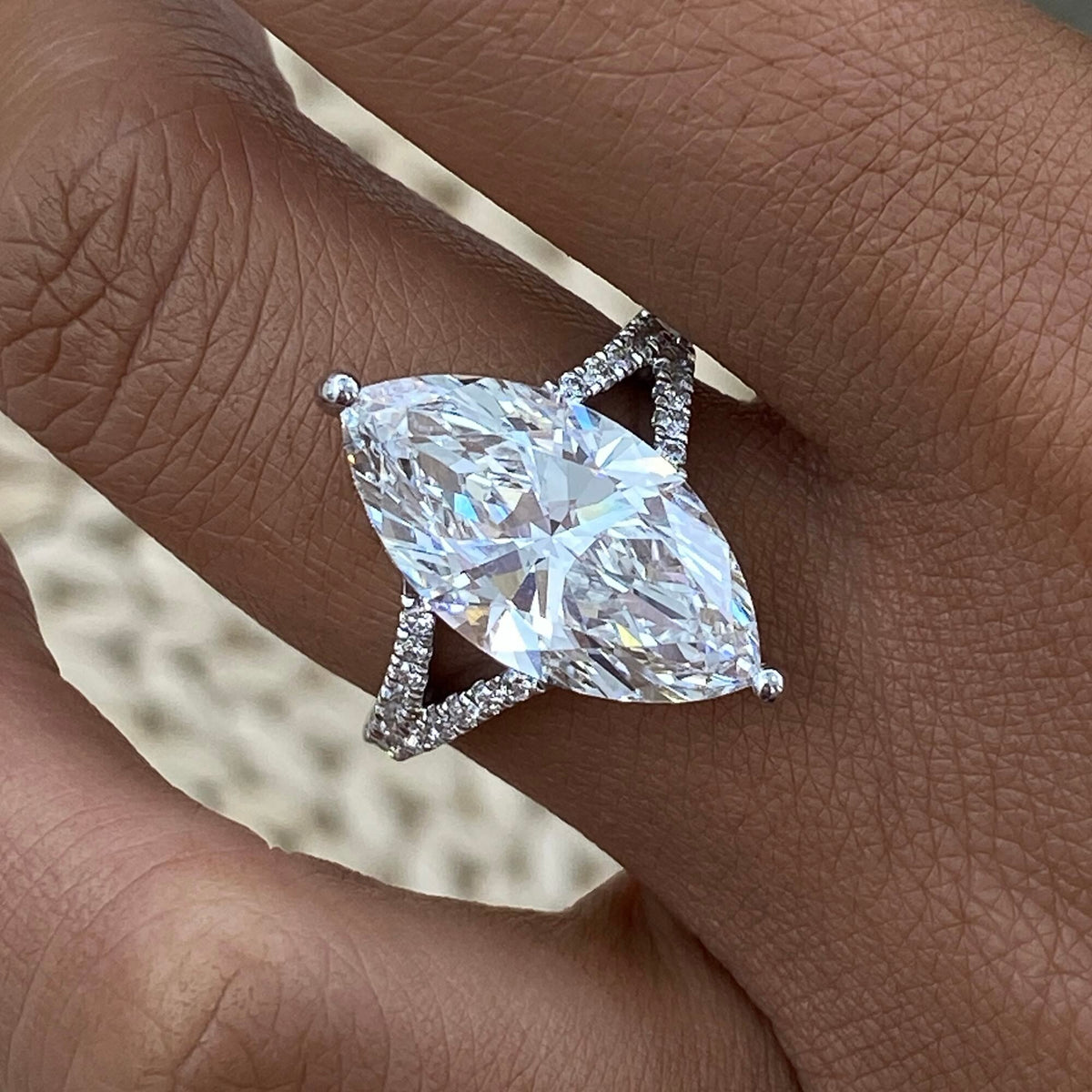 Simone 6.6 Marquise Lab-Grown Diamond Hidden Halo,Side Stone Engagement Ring