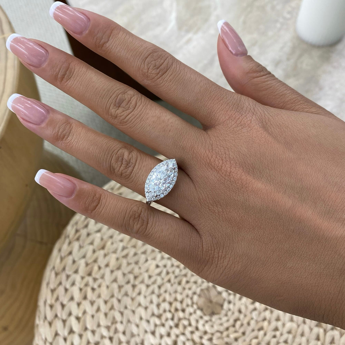 Rosalie 3.9 Marquise Lab-Grown Diamond Halo, Side Stone Engagement Ring