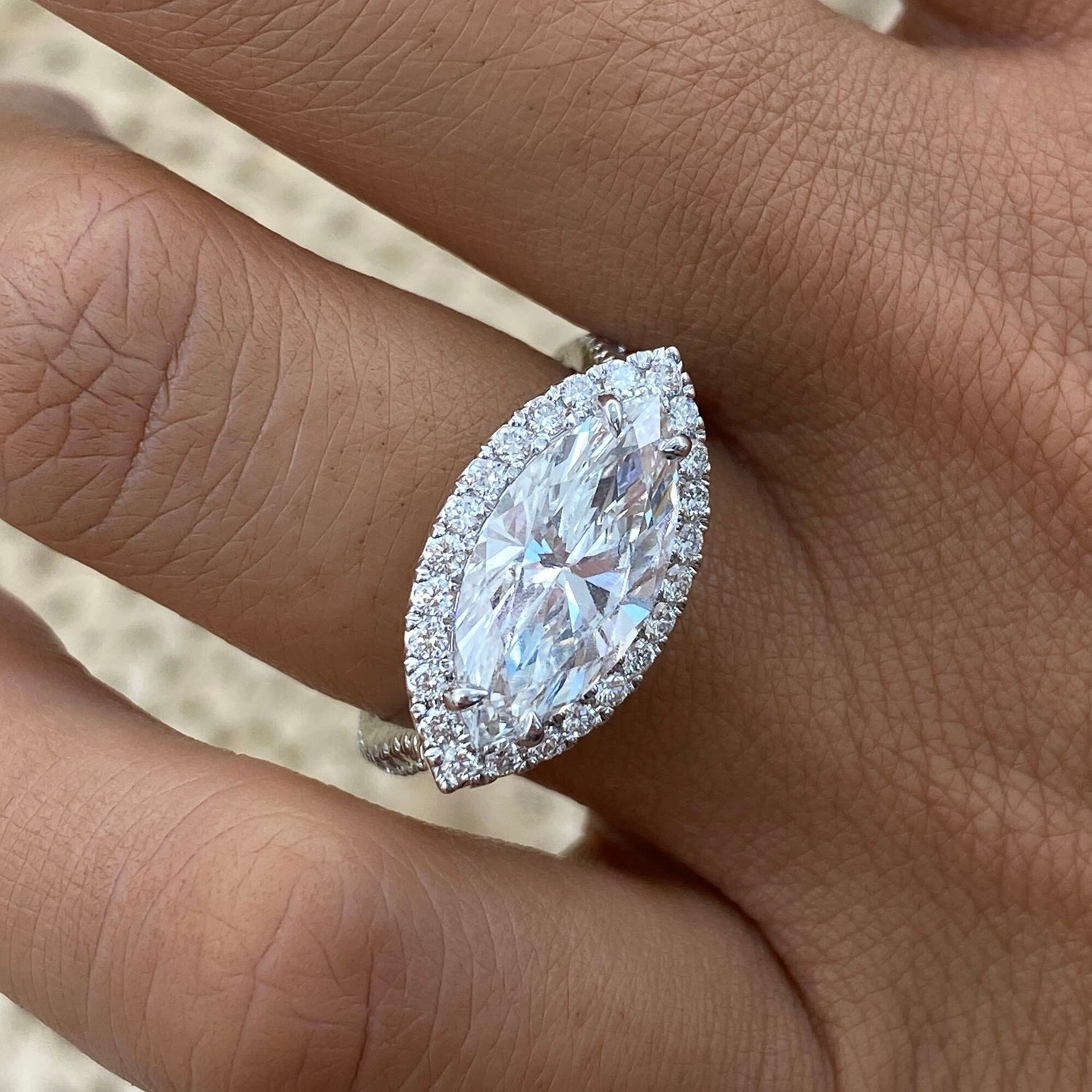 Rosalie 3.9 Marquise Lab-Grown Diamond Halo, Side Stone Engagement Ring