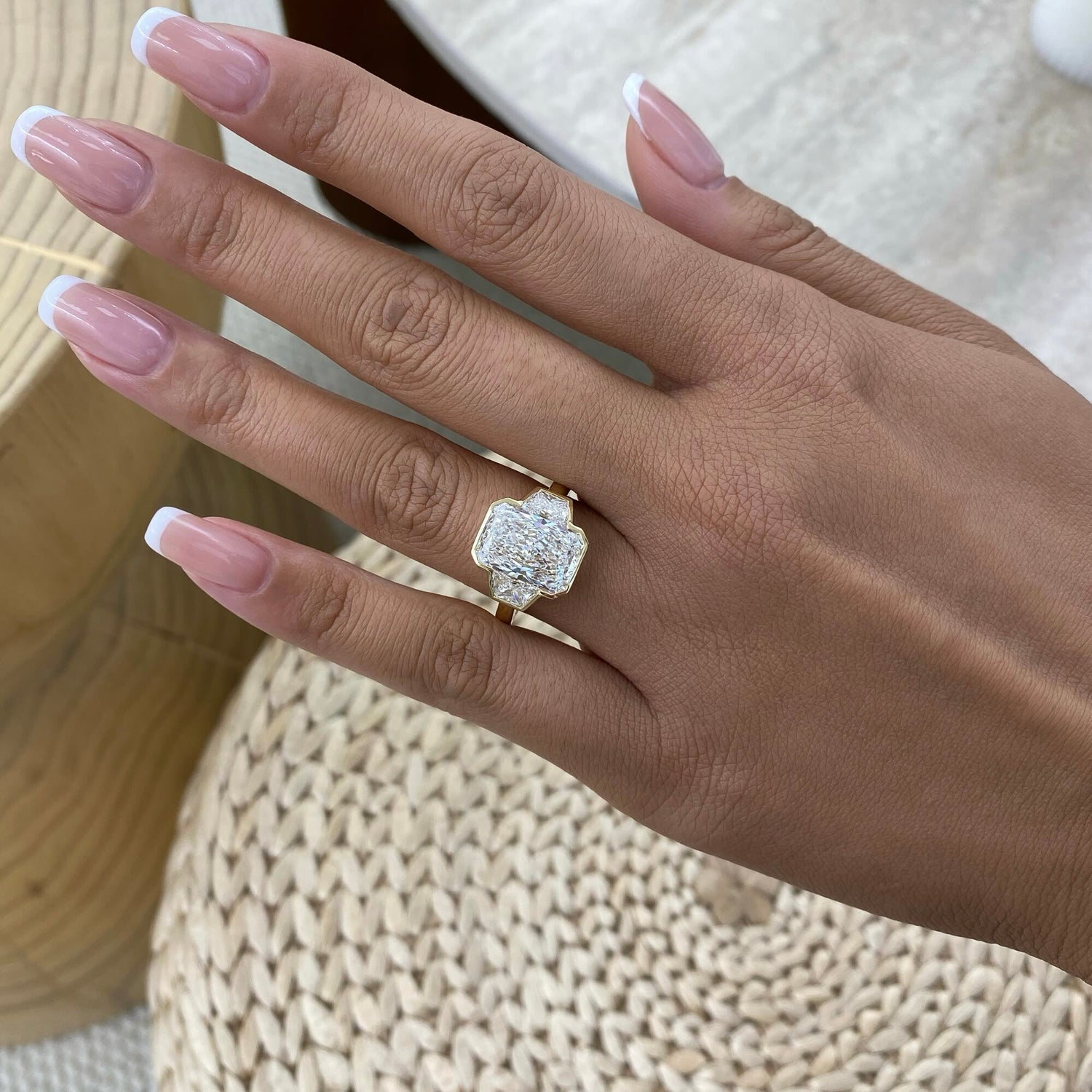 Claudia 6.1 Radiant Lab-Grown Diamond Three Stone, Bezel Engagement Ring