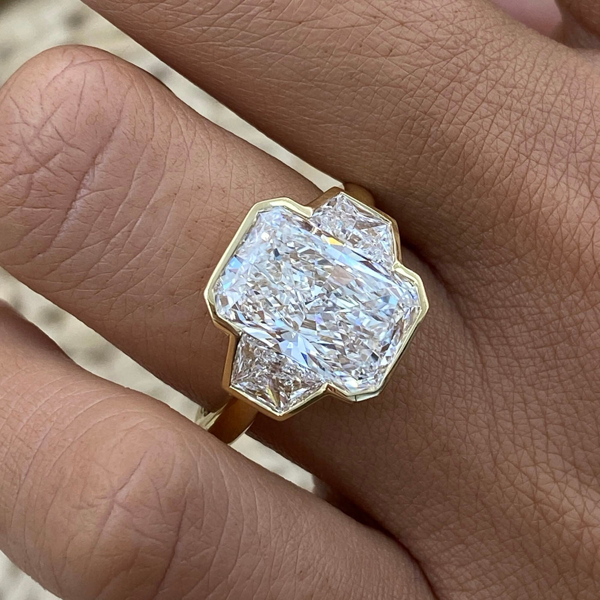 Claudia 6.1 Radiant Lab-Grown Diamond Three Stone, Bezel Engagement Ring
