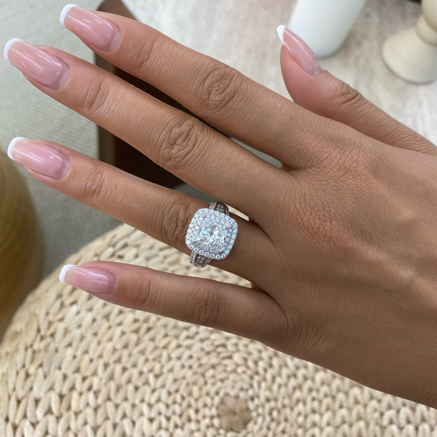 Leila 4.3 Princess Lab-Grown Diamond Side Stone, Double Halo Ring