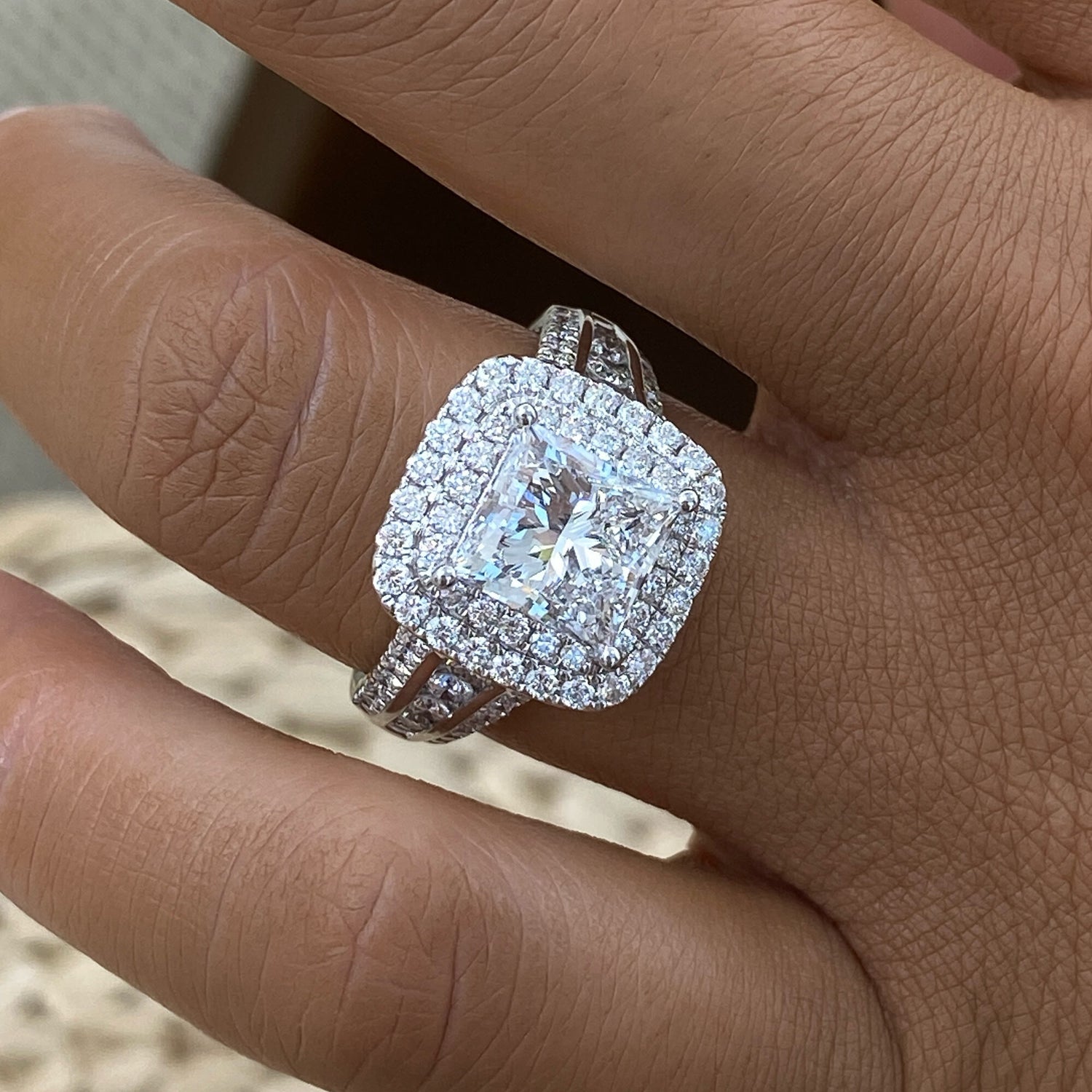 Leila 4.3 Princess Lab-Grown Diamond Side Stone, Double Halo Ring