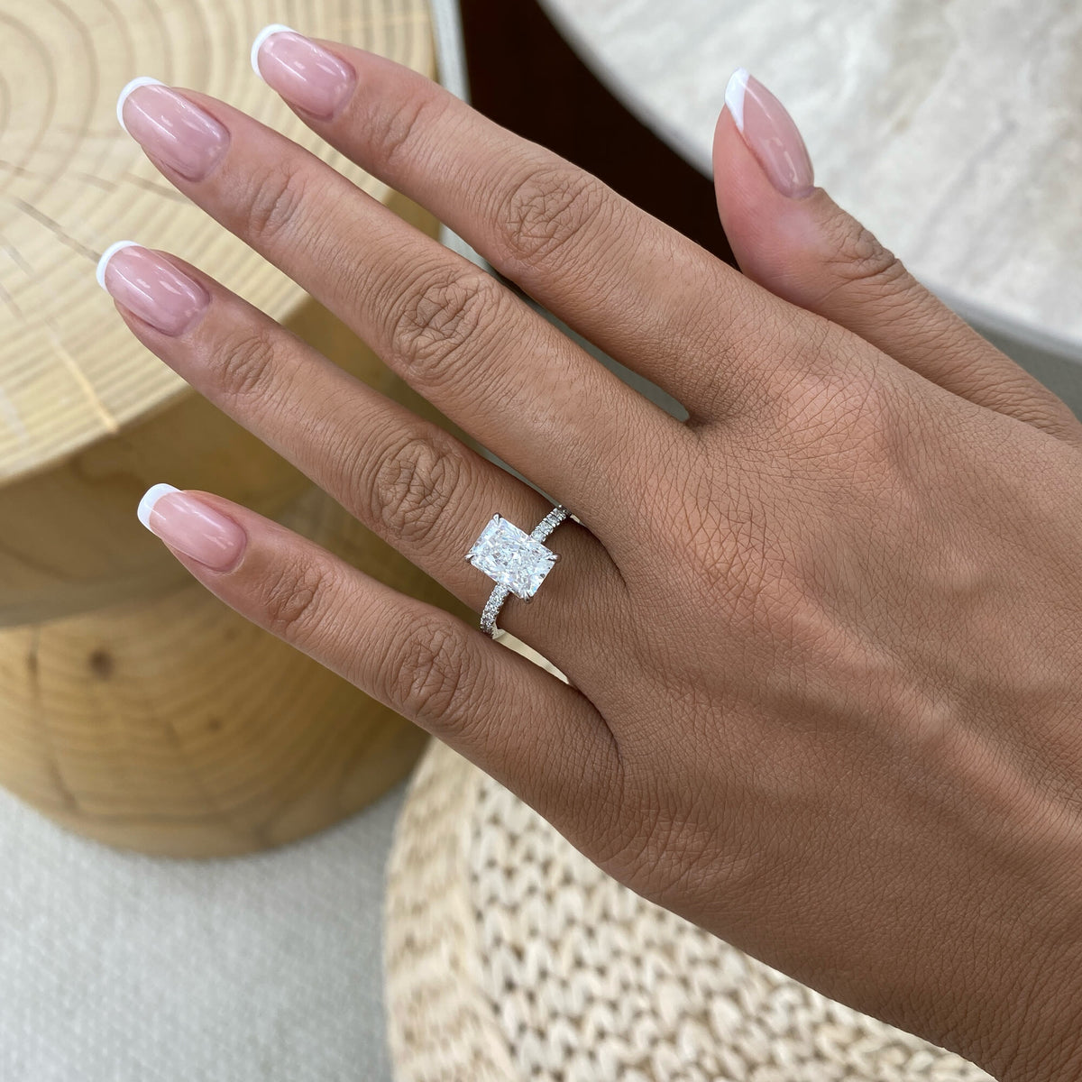 Andrea 2.8 Radiant Lab-Grown Diamond Hidden Halo, Side Stone Engagement Ring