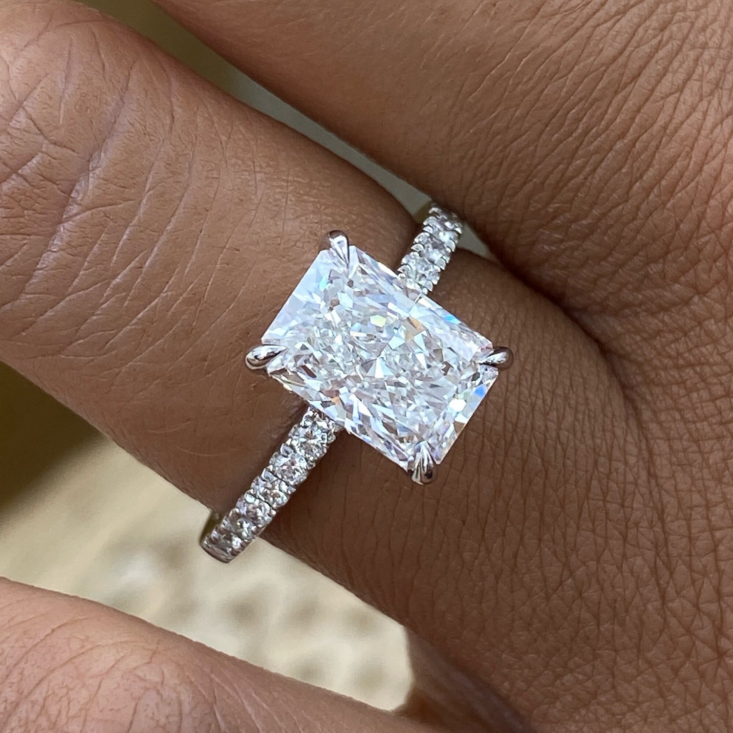 Andrea 2.8 Radiant Lab-Grown Diamond Hidden Halo, Side Stone Engagement Ring