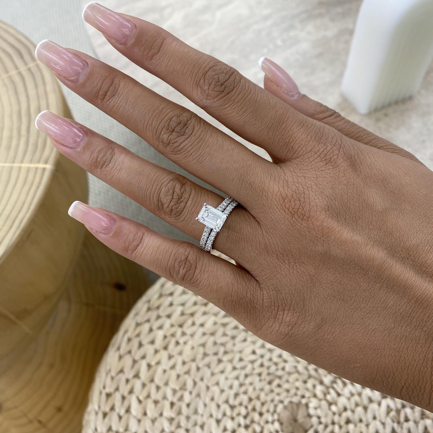 Tamara 3 Emerald Lab-Grown Diamond Bridal Set, Side Stone Rings Set
