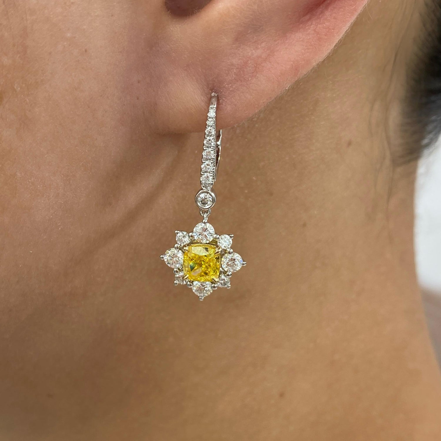 Talia 3.3 Cushion,Round Lab-Grown Diamond Halo, Dangle Earrings