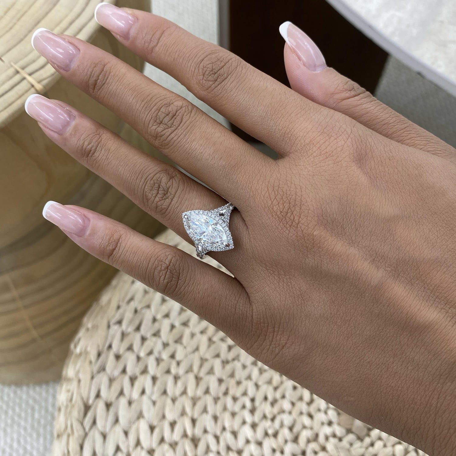 Leah 3.7 Marquise Lab-Grown Diamond Halo, Side Stone Ring