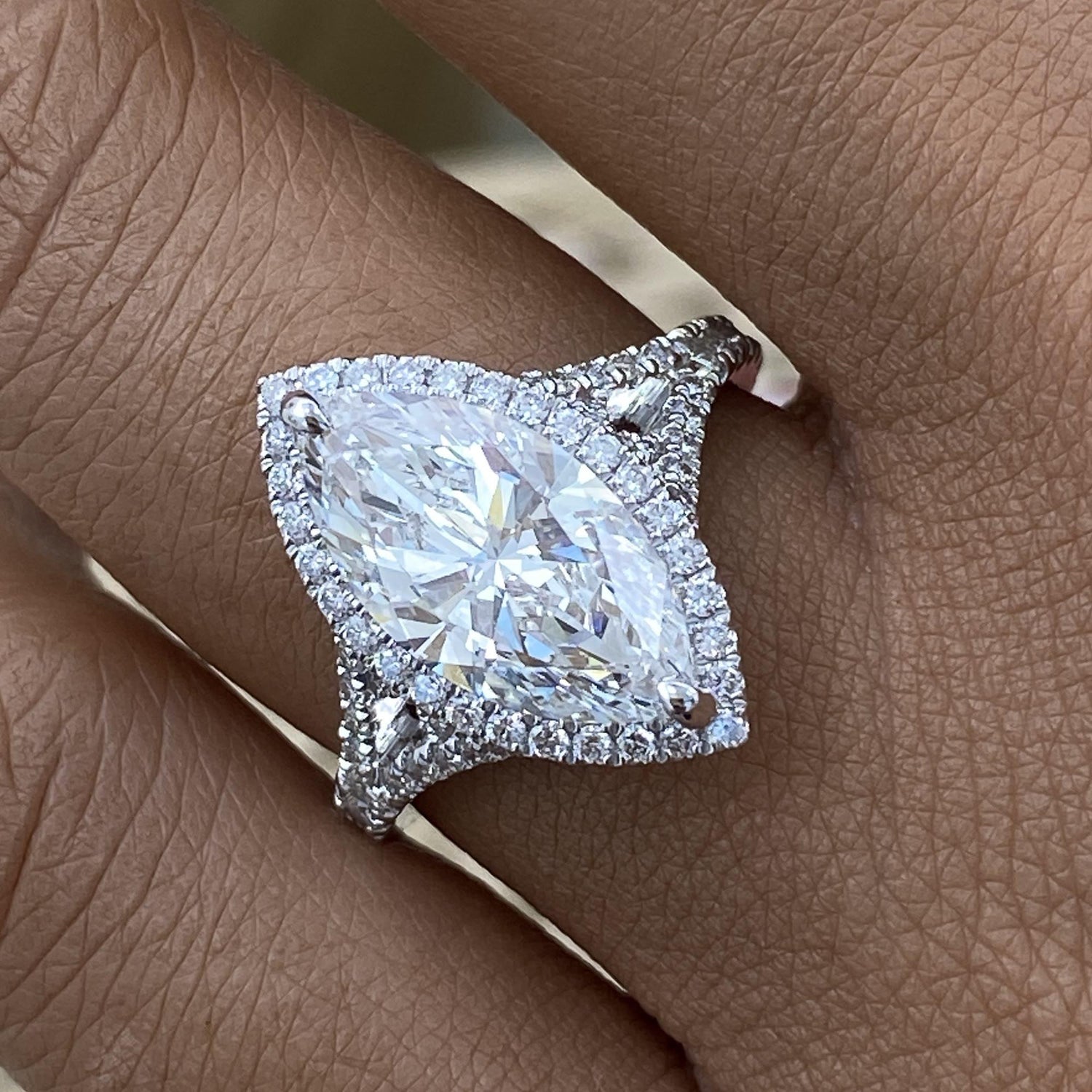 Leah 3.7 Marquise Lab-Grown Diamond Halo, Side Stone Ring
