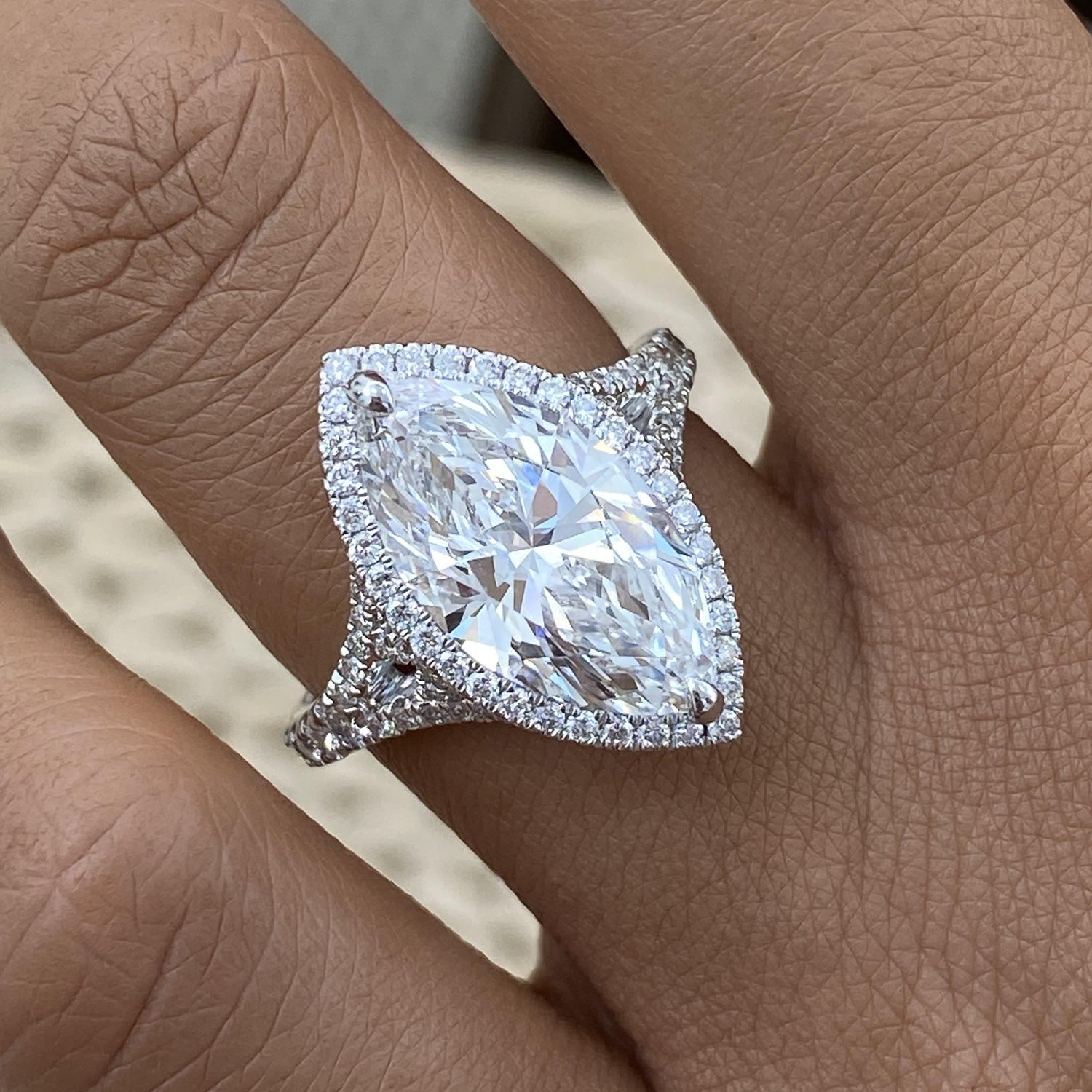 Leah 4.7 Marquise Lab-Grown Diamond Halo, Side Stone Ring