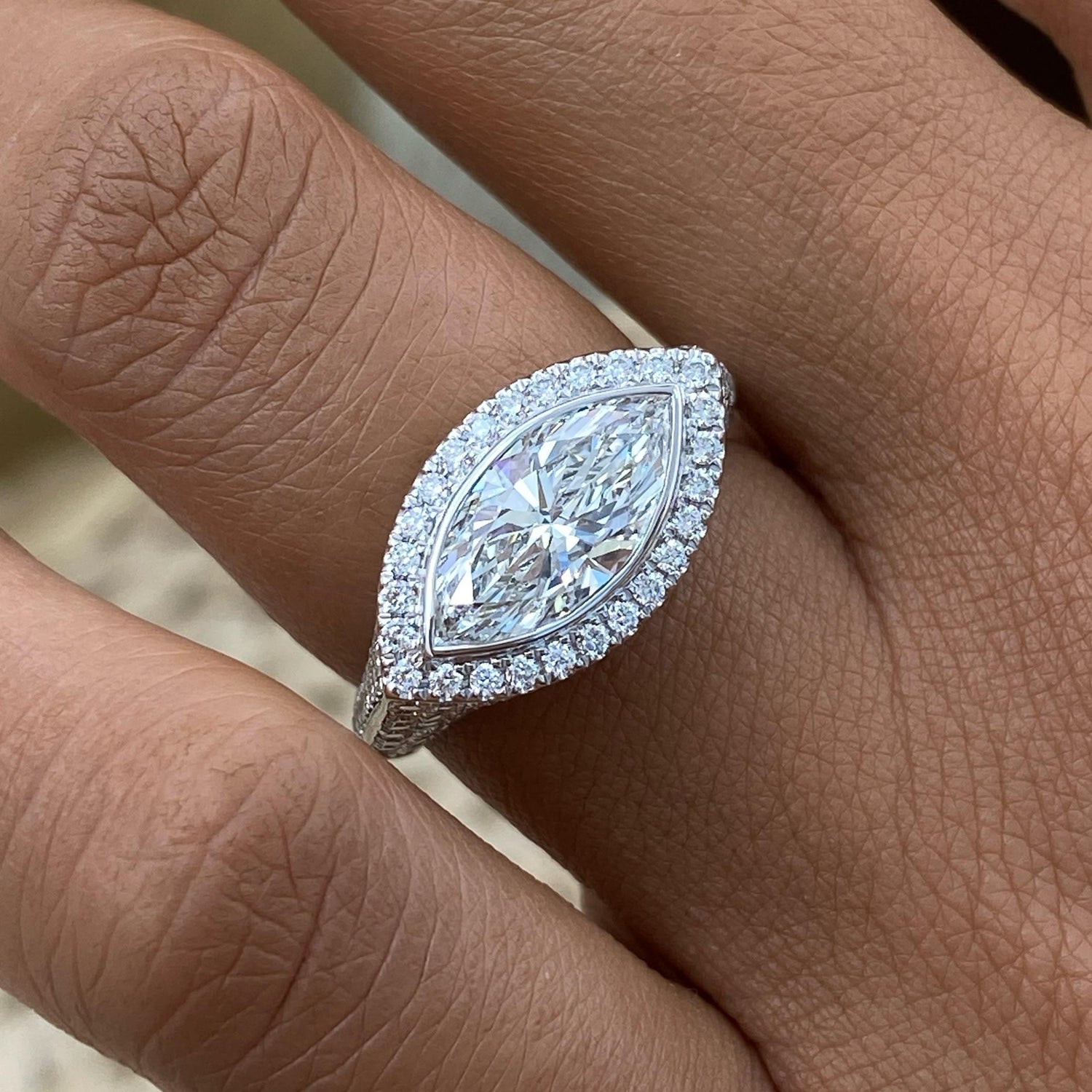 Laura 2.8 Marquise Lab-Grown Diamond Halo, Side Stone Ring