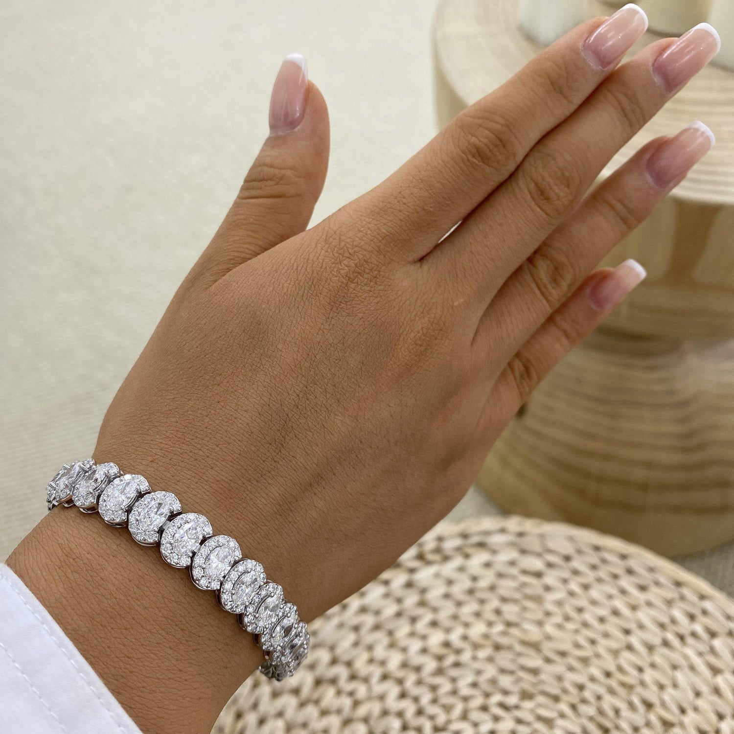Evelyn 18.8 Oval Lab-Grown Diamond Tennis, Halo Bracelet