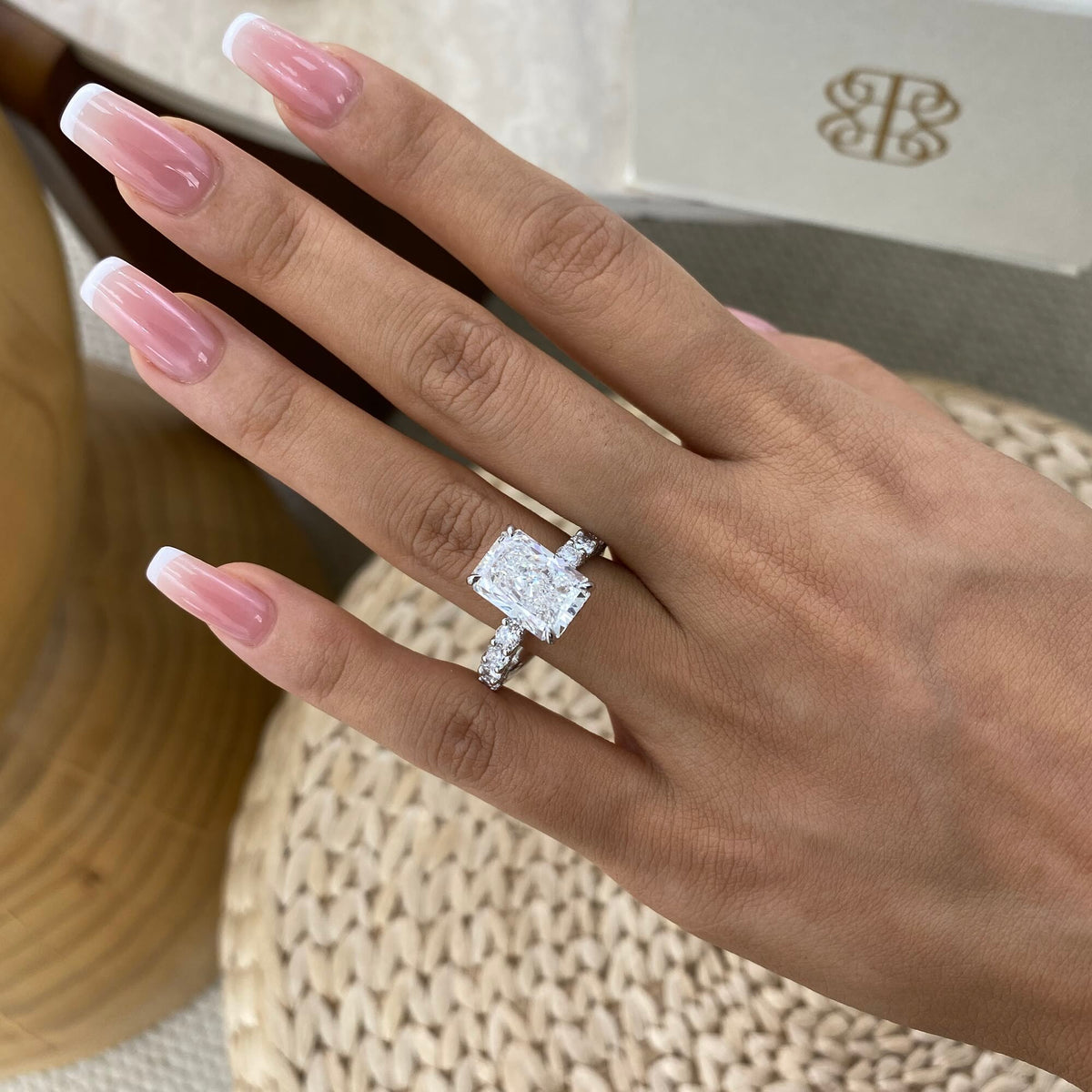 Macy 6.6 Radiant Lab-Grown Diamond Hidden Halo, Side Stone Ring