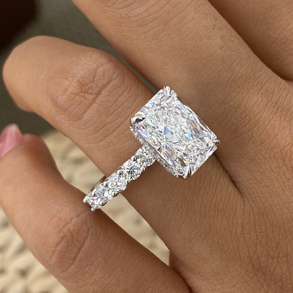 Macy 6.6 Radiant Lab-Grown Diamond Hidden Halo, Side Stone Ring