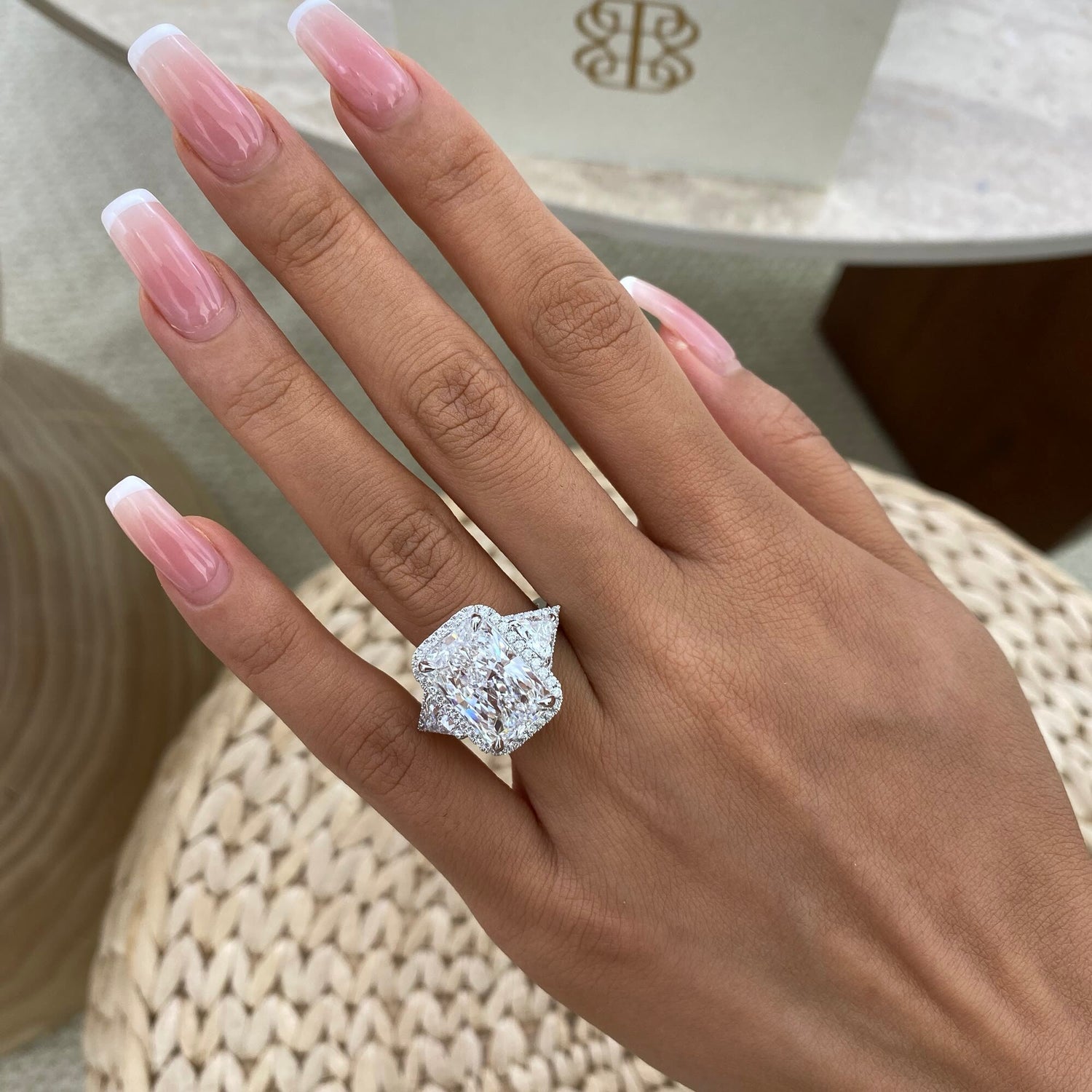 Nancy 8.5 Radiant Lab-Grown Diamond Three Stone, Halo Ring