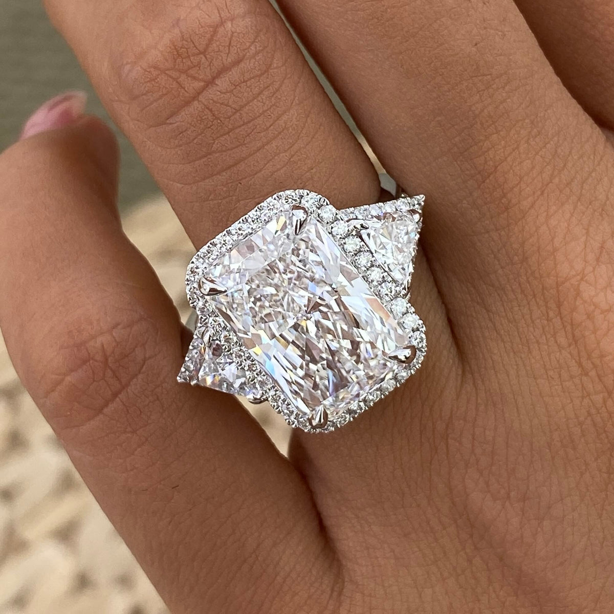 Nancy 8.5 Radiant Lab-Grown Diamond Three Stone, Halo Ring
