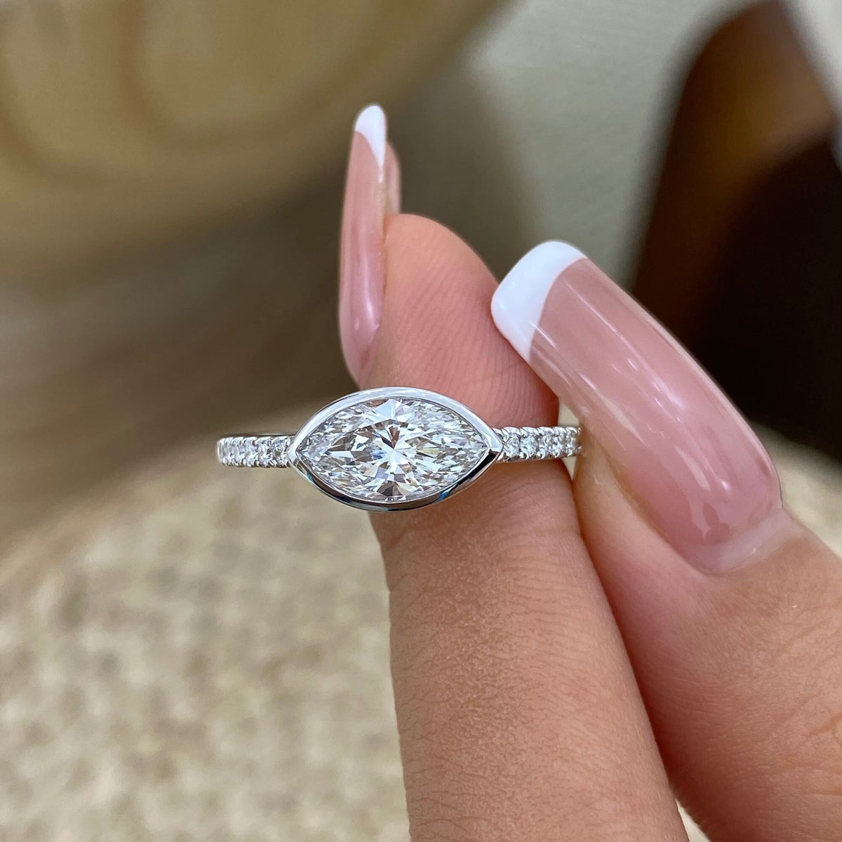 Faye 0.9 Marquise Lab-Grown Diamond Side Stone, Bezel Ring