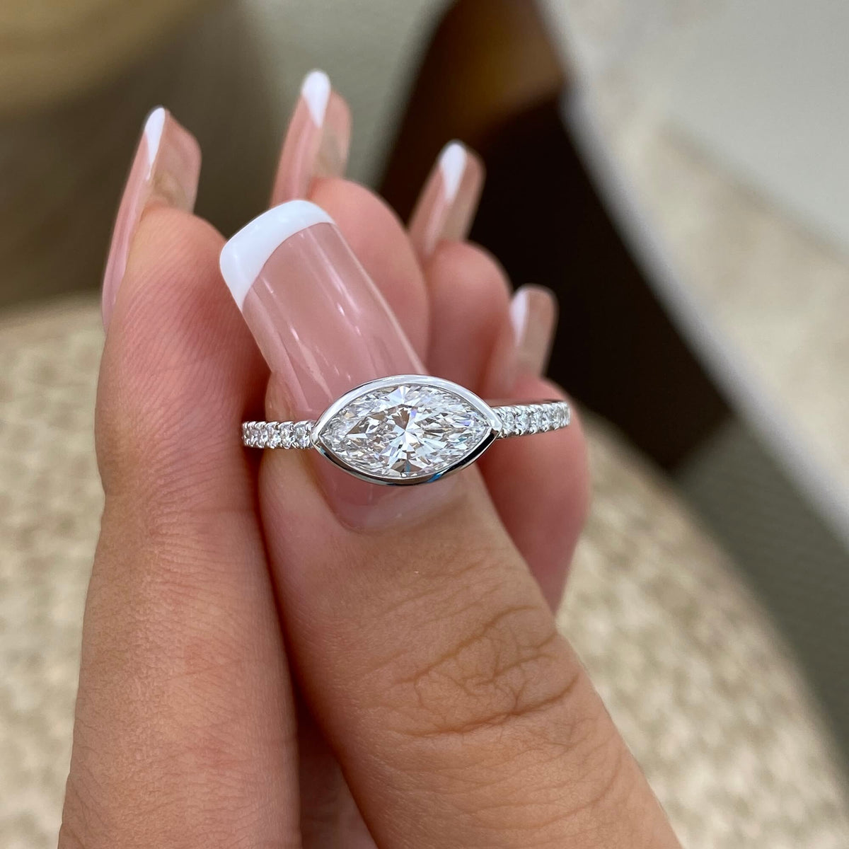 Faye 0.9 Marquise Lab-Grown Diamond Side Stone, Bezel Ring