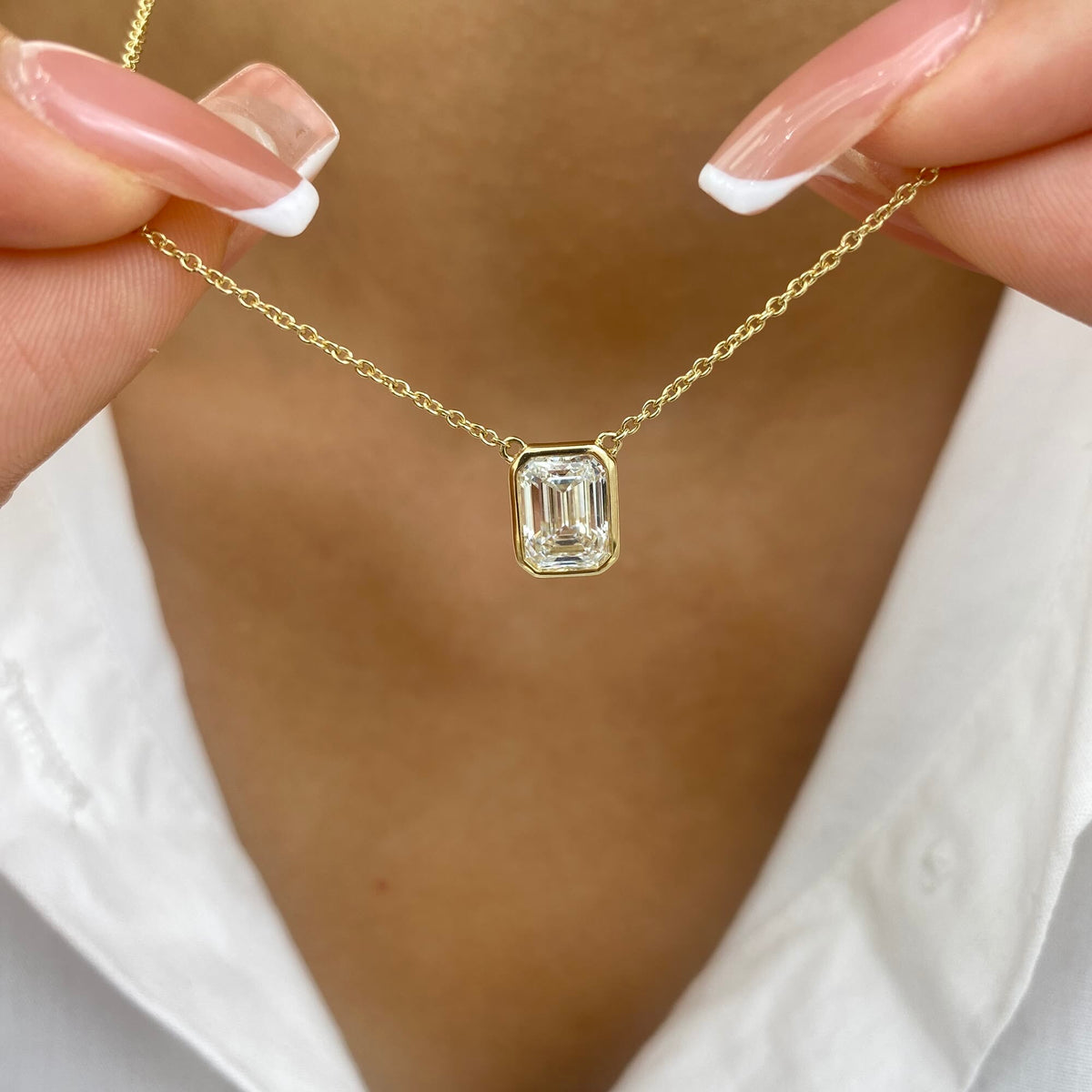 Alberta 1.5 Emerald Lab-Grown Diamond Solitaire, Bezel Necklace