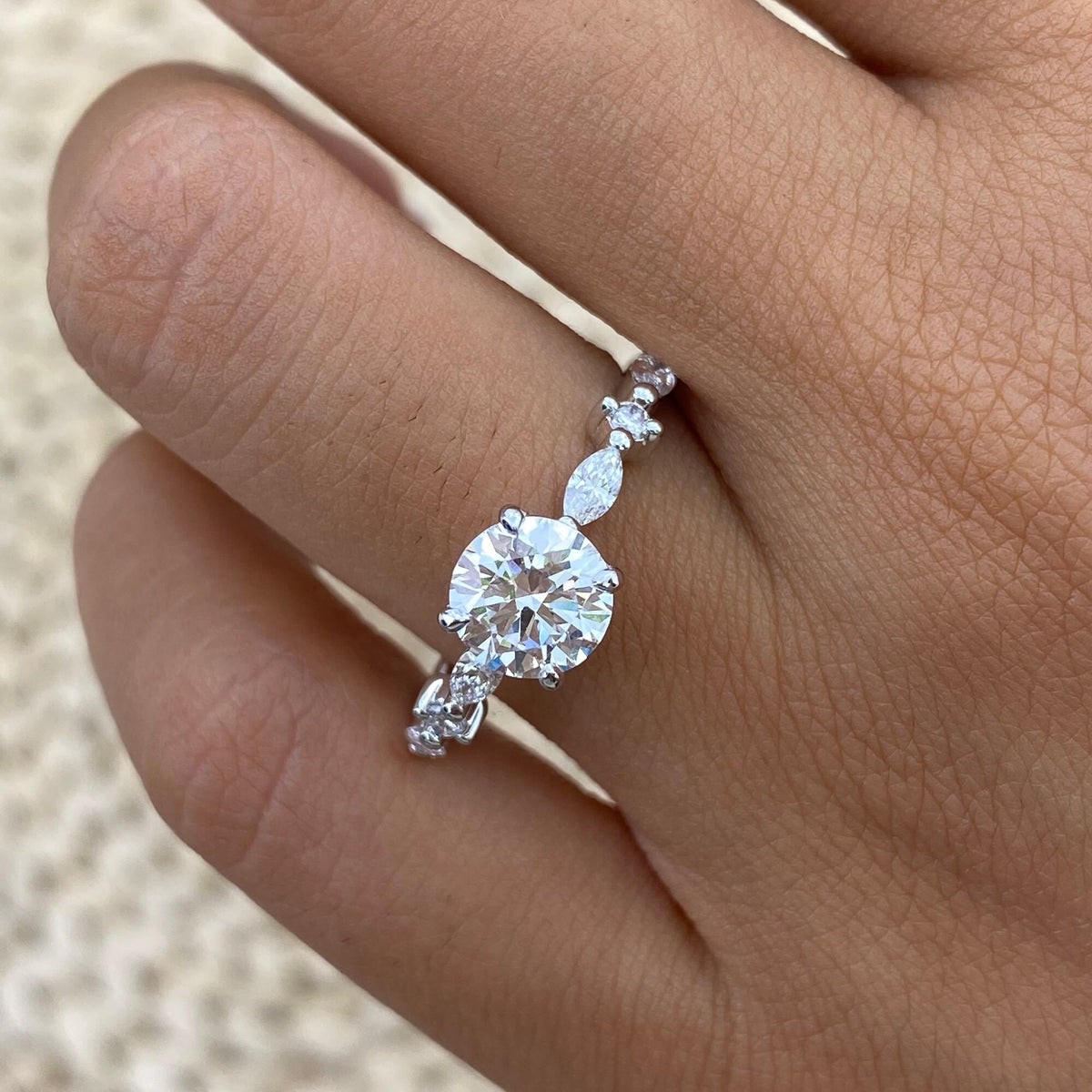 Ada 1.3 Round Lab-Grown Diamond Side Stone Ring, engagement ring, Platinum White Gold, side view