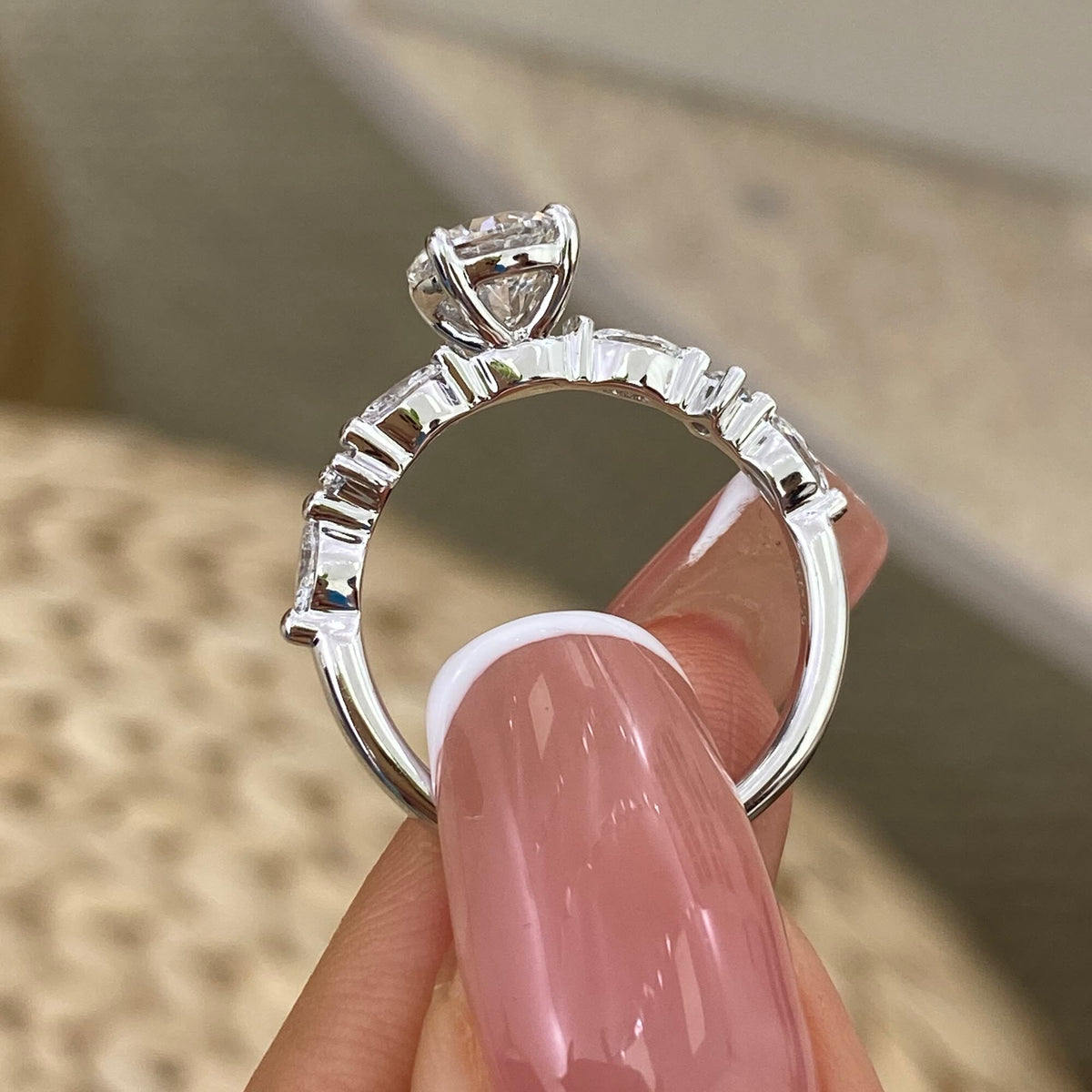 Ada 1.3 Round Lab-Grown Diamond Side Stone Ring, engagement ring, Platinum White Gold, back view