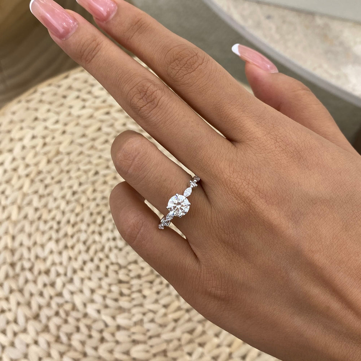 Ada 1.3 Round Lab-Grown Diamond Side Stone Ring, engagement ring, Platinum White Gold, close-up