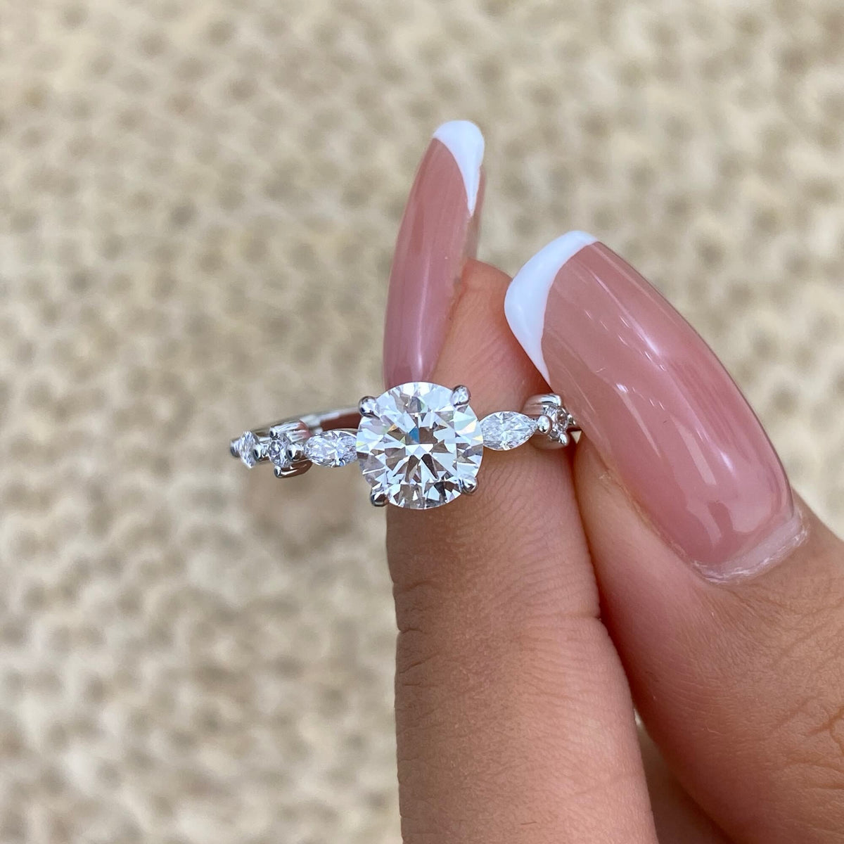 Ada 1.3 Round Lab-Grown Diamond Side Stone Ring, engagement ring, Platinum White Gold, in use